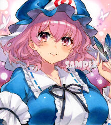 Rule 34 | 1girl, blue hat, blush, breasts, bug, butterfly, chacham, closed mouth, commentary, hat, insect, large breasts, looking at viewer, mob cap, pink hair, saigyouji yuyuko, sample watermark, short hair, smile, solo, touhou, traditional media, triangular headpiece, watermark