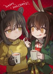 Rule 34 | 2girls, :q, absurdres, animal ears, animal hands, arknights, buchi0122, chocolate, collared shirt, crossed bangs, cup, food, freckles, green jacket, grey hair, hair between eyes, hand up, happy holidays, highres, holding, holding chocolate, holding cup, holding food, hot chocolate, jacket, kafka (arknights), kafka (cardboard fairy) (arknights), licking lips, long hair, long sleeves, looking at another, mug, multicolored hair, multiple girls, neck ribbon, official alternate costume, ponytail, raccoon ears, raccoon girl, raccoon tail, red background, red ribbon, ribbon, robin (arknights), shirt, sidelocks, simple background, streaked hair, sweater, tail, tongue, tongue out, turtleneck, turtleneck sweater, upper body, white shirt, yellow eyes, yellow sweater