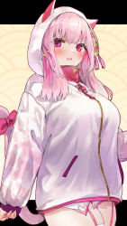 Rule 34 | 1girl, animal ears, animal hood, blush, bow, breasts, cat tail, fake animal ears, garter straps, hair between eyes, highres, hood, hood up, hooded jacket, indie virtual youtuber, jacket, long sleeves, looking at viewer, medium breasts, nervous smile, parted lips, pinching sleeves, pink hair, puffy long sleeves, puffy sleeves, purple eyes, red bow, sleeves past wrists, smile, solo, tail, tail bow, tail ornament, tenshouin himeno, thighhighs, tomozero, virtual youtuber, white jacket, white thighhighs