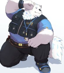 Rule 34 | 1boy, animal ears, arm up, bara, belly, belt, belt pouch, black footwear, black pants, black vest, blue eyes, blue fur, blue shirt, closed mouth, dog boy, dog ears, dog tail, fat, fat man, full body, furry, furry male, highres, jacket, keyhole, lanyard, live a hero, male focus, noc (noku), obese, pants, pocket, pouch, scope, screwdriver, shirt, solo, sweatdrop, tail, thick arms, thick eyebrows, thick thighs, thighs, vest, white fur, work boots, wrench, wristband, yohack