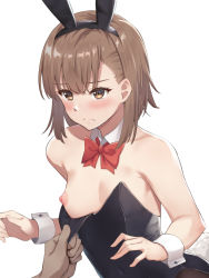 Rule 34 | 1girl, animal ears, assisted exposure, bare shoulders, black leotard, black pantyhose, blush, breasts, brown eyes, brown hair, closed mouth, collarbone, detached collar, fake animal ears, kurowan, leotard, leotard pull, looking at another, misaka mikoto, nipples, one breast out, pantyhose, playboy bunny, pulling another&#039;s clothes, rabbit ears, rabbit tail, red neckwear, short hair, simple background, small breasts, solo focus, standing, strapless, strapless leotard, tail, toaru kagaku no railgun, toaru majutsu no index, white background, wrist cuffs