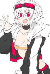 Rule 34 | 1girl, :d, absurdres, bandeau, blush stickers, breasts, cleavage, goggles, goggles on head, hand up, highres, jacket, long sleeves, looking at viewer, niwamaru (niwarhythm), niwarhythm, open clothes, open jacket, open mouth, original, red eyes, simple background, small breasts, smile, solo, strapless, tube top, waving, white background, white hair
