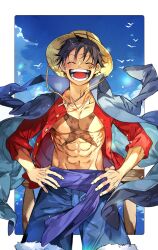 Rule 34 | 1boy, abs, absurdres, bird, black hair, blue cloak, blue sky, border, cloak, closed eyes, hands on own hips, hat, highres, looking at viewer, monkey d. luffy, oboro keisuke, one piece, open clothes, open mouth, open shirt, purple sash, red shirt, sash, scar, scar on chest, scar on face, seagull, shirt, short hair, shorts, sky, straw hat, teeth, white border