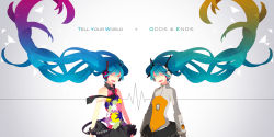 Rule 34 | 2girls, absurdly long hair, aqua eyes, aqua hair, dual persona, gradient hair, hatsune miku, long hair, multicolored hair, multiple girls, odds &amp; ends (vocaloid), project diva (series), project diva f, saine, smile, tell your world (vocaloid), twintails, very long hair, vocaloid