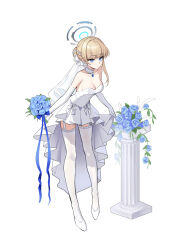 1girl absurdres alternate_costume blonde_hair blue_archive blue_eyes blue_flower blue_halo blue_rose bouquet breasts commentary_request ddungddang dress elbow_gloves flower full_body gloves hair_bun half_up_braid halo high_heels highres holding holding_bouquet korean_commentary large_breasts looking_at_viewer medium_breasts rose simple_background single_hair_bun solo standing strapless strapless_dress thighhighs toki_(blue_archive) wedding_dress white_background white_dress white_footwear white_gloves white_thighhighs