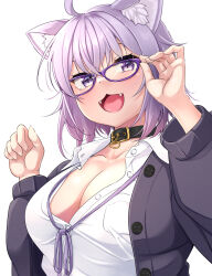 Rule 34 | 1girl, :3, :d, ahoge, animal ear fluff, animal ears, blush, breasts, cat ears, cat girl, cleavage, collared shirt, fangs, glasses, hiden (takanori), highres, hololive, jacket, large breasts, looking at viewer, medium hair, naked shirt, neck ribbon, nekomata okayu, nekomata okayu (oversized shirt), official alternate costume, open mouth, purple-framed eyewear, purple eyes, purple hair, purple jacket, purple ribbon, ribbon, shirt, smile, solo, unbuttoned, unbuttoned shirt, virtual youtuber, white background, white shirt