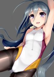 Rule 34 | 10s, 1girl, ahoge, alternate costume, arm up, armpits, black pantyhose, breasts, commentary request, competition swimsuit, covered erect nipples, covered navel, eyebrows, grey background, grey hair, hair between eyes, hand on own thigh, hassen (8cm), highleg, highleg swimsuit, kantai collection, kiyoshimo (kancolle), long hair, looking at viewer, navel, one-piece swimsuit, open mouth, pantyhose, pantyhose under swimsuit, purple eyes, simple background, small breasts, solo, swimsuit, thighband pantyhose, very long hair