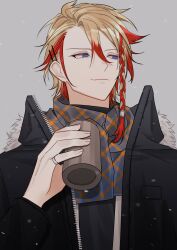 Rule 34 | absurdres, axel syrios, black jacket, black shirt, blonde hair, blue eyes, braid, closed mouth, cup, fang, fur-trimmed hood, fur trim, grey background, hair between eyes, hair ornament, hairclip, half-closed eyes, highres, holding, holding cup, holostars, holostars english, hood, hood down, jacket, jewelry, long sleeves, looking to the side, male focus, moyyyya, multicolored hair, open clothes, open jacket, plaid, plaid scarf, red hair, ring, scarf, shirt, side braid, snow, snowing, solo, turtleneck, upper body, virtual youtuber, winter clothes, zipper