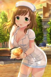 Rule 34 | 1girl, alternative girls, bench, blush, bracelet, breasts, brown hair, cleavage, dessert, food, green eyes, hat, highres, hirose koharu, hospital, jewelry, large breasts, leaning forward, looking at viewer, nurse, nurse cap, official art, park, park bench, short sleeves, smile, solo, standing, sunlight, tongue, tongue out, tree