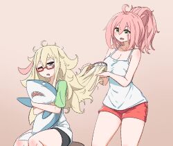 Rule 34 | 2girls, ahoge, blonde hair, breasts, brushing another&#039;s hair, brushing hair, cleavage, drooling, green eyes, green skirt, highres, holding, holding toy, kay yu, large breasts, messy hair, multiple girls, one eye closed, open mouth, original, paguroidea, pink-haired girl (kay yu), pink hair, red-framed eyewear, shark, shirt, simple background, sitting, skirt, string, stuffed animal, stuffed toy, thick eyebrows, toy, white shirt