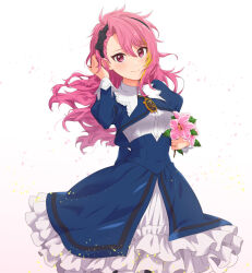 Rule 34 | 1girl, absurdres, alternate hairstyle, black hairband, blonde hair, blue jacket, blue skirt, blush, breasts, closed mouth, dot nose, falling petals, floating hair, flower, frilled skirt, frills, gradient background, hairband, hand up, highres, holding, holding flower, idolmaster, idolmaster million live!, idolmaster million live! theater days, jacket, lace-trimmed jacket, large breasts, long hair, long sleeves, looking at viewer, maihama ayumu, multicolored hair, petals, pink eyes, pink hair, puffy long sleeves, puffy sleeves, shiro (ongrokm), shirt, simple background, skirt, smile, solo, st. million girls&#039; academy, streaked hair, white background, white shirt