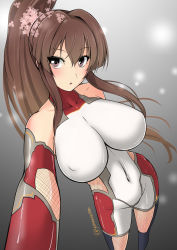 Rule 34 | 10s, 1girl, alternate costume, bare shoulders, blush, bodysuit, breasts, brown eyes, brown hair, cherry blossoms, detached sleeves, female focus, flower, grey background, hair between eyes, hair flower, hair ornament, hassen (8cm), kantai collection, large breasts, long hair, looking at viewer, navel, ponytail, simple background, solo, standing, twitter username, very long hair, yamato (kancolle)