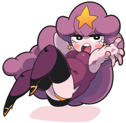 Rule 34 | 1girl, adventure time, annoyed, belly, big hair, black eyes, black thighhighs, blush stickers, breasts, cartoon network, dress, earrings, eyelashes, floating, gashi-gashi, jewelry, long hair, lumpy space princess, medium breasts, no nose, open mouth, outstretched hand, panties, pantyshot, personification, plump, purple hair, shadow, simple background, solo, star (symbol), star earrings, thighhighs, torn clothes, underwear, upskirt, very long hair, white background, yellow panties