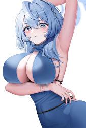 Rule 34 | 1girl, absurdres, ako (blue archive), ako (dress) (blue archive), arm under breasts, arm up, armpits, bangle, biting own lip, blue archive, blue dress, blue eyes, blue hair, bracelet, breasts, chanpower233, dress, evening gown, fingernails, halo, highres, jewelry, large breasts, looking at viewer, nail polish, presenting armpit, sideboob, sideless dress, simple background, solo, white background