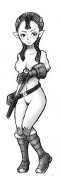 Rule 34 | 1girl, ashei, belt, boots, breasts, censored, full body, gloves, kurita, medium breasts, monochrome, nintendo, nude, pointy ears, sheath, simple background, solo, standing, sword, the legend of zelda, the legend of zelda: twilight princess, unsheathing, weapon, white background