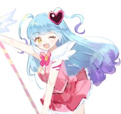Rule 34 | 1girl, blue hair, blush, bow, bowtie, dress, gradient hair, lobotomy corporation, long hair, love mintchoco, magical girl, multicolored hair, one eye closed, open mouth, pink bow, pink bowtie, pink dress, project moon, purple hair, queen of hatred, simple background, smile, solo, two side up, very long hair, wand, white background, yellow eyes