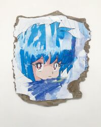 Rule 34 | 1girl, blue hair, bright pupils, cardboard, closed mouth, commentary request, highres, leper kamilah, looking at viewer, mixed media, original, pixelated, portrait, red eyes, short hair, solo, torn paper, unconventional media, white pupils
