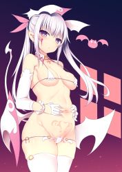 Rule 34 | 1girl, bikini, blush, breasts, demon girl, detached collar, detached sleeves, facial mark, gloves, gradient background, highres, looking at viewer, low wings, medium breasts, micro bikini, original, pointy ears, pubic tattoo, purple eyes, silver hair, solo, spread navel, standing, sukage, swimsuit, tail, tattoo, thighhighs, twintails, white bikini, white gloves, white thighhighs, wings
