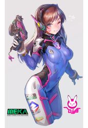 Rule 34 | 1girl, ;), absurdres, blue bodysuit, blush, bodysuit, breasts, brown hair, character name, charm (object), closed mouth, clothes writing, commentary request, covered navel, cowboy shot, cropped legs, d.va (overwatch), deluxe&lt;&lt;&lt;, english text, facial hair, facial mark, gloves, grey background, gun, headgear, highres, holding, holding gun, holding weapon, long hair, looking at viewer, medium breasts, one eye closed, overwatch, overwatch 1, pentagram, red eyes, simple background, smile, solo, straight hair, swept bangs, v-shaped eyebrows, weapon, whisker markings, white gloves
