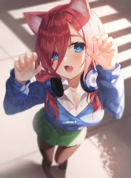 Rule 34 | 1girl, :o, animal ears, arms up, blue cardigan, blue eyes, blurry, blush, breasts, brown pantyhose, cardigan, cat ears, cat girl, claw pose, cleavage, collared shirt, commentary request, day, depth of field, fang, foreshortening, from above, go-toubun no hanayome, green skirt, hair over one eye, headphones, headphones around neck, hinaki (hinaki 0102), kemonomimi mode, large breasts, long hair, long sleeves, looking at viewer, looking up, medium breasts, miniskirt, nakano miku, no shoes, open mouth, pantyhose, pleated skirt, red hair, school uniform, shirt, skin fang, skirt, solo, sunlight, white shirt
