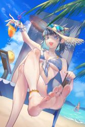 Rule 34 | 1girl, absurdres, anklet, azur lane, barefoot, beach, bikini, blue eyes, chair, cheshire (azur lane), cocktail glass, crossed legs, cup, drinking glass, feet, front-tie bikini top, front-tie top, hat, highres, jewelry, looking at viewer, lounge chair, medium hair, open mouth, palm tree, sitting, soles, strapless, strapless bikini, straw hat, sunglasses on head, sweat, swimsuit, toes, tree