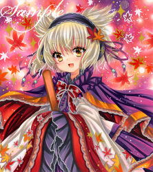Rule 34 | 1girl, adapted costume, autumn leaves, blonde hair, cape, earmuffs, frilled cape, hair ornament, hairband, holding, leaf, leaf hair ornament, leaf print, long sleeves, looking at viewer, maple leaf, marker (medium), open mouth, own hands together, pointy hair, purple cape, purple ribbon, ribbon, ritual baton, rui (sugar3), sample watermark, short hair, sleeves past fingers, sleeves past wrists, smile, solo, touhou, toyosatomimi no miko, traditional media, upper body, watermark, wide sleeves, yellow eyes