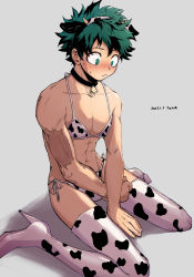 Rule 34 | 1boy, animal ears, animal print, bell, bikini, blush, boku no hero academia, boots, cho mo futoshi, collar, cow ears, cow horns, cow print, crossdressing, dated, freckles, frown, green hair, grey background, hand on ground, high heels, highres, horns, male focus, midoriya izuku, neck bell, on ground, scar, scar on arm, simple background, solo, swimsuit, thigh boots, thighhighs