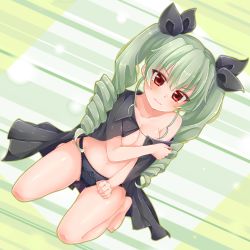 Rule 34 | 10s, 1girl, anchovy (girls und panzer), barefoot, black cape, black panties, black ribbon, bow, bow panties, breasts, cape, cleavage, closed mouth, commentary, diagonal stripes, drill hair, dutch angle, frown, full body, girls und panzer, green background, green hair, hair ribbon, kneeling, lace, lace-trimmed panties, lace trim, long hair, looking at viewer, medium breasts, navel, off shoulder, panties, red eyes, ribbon, solo, striped, striped background, topless, twin drills, twintails, underwear, yunagi (arukumaruta)