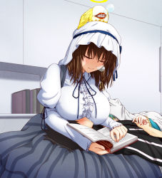 Rule 34 | 1boy, 1girl, black hair, blush, bonnet, book, braid, breasts, brown hair, charlotte corday (fate), charlotte corday (second ascension) (fate), closed eyes, command spell, dress, drooling, fate/grand order, fate (series), fujimaru ritsuka (male), fujimaru ritsuka (male) (polar chaldea uniform), hasebe akira, highres, holding hands, juliet sleeves, kiyohime (fate), lap pillow, large breasts, long sleeves, nose bubble, on head, puffy sleeves, sleeping, smile