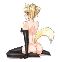 Rule 34 | 1girl, animal ear fluff, animal ears, aqua eyes, arm support, ass, back, black gloves, black thighhighs, blonde hair, breasts, commentary, covering privates, covering breasts, dimples of venus, dog days, elbow gloves, english commentary, fox ears, fox tail, gloves, large breasts, looking at viewer, nude, ponytail, sitting, solo, tail, thighhighs, twrlare, wariza, yukikaze panettone