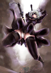 Rule 34 | 1girl, absurdres, action, arms up, bad id, bad pixiv id, black dress, black footwear, black gloves, black hairband, black thighhighs, blindfold, boots, breasts, cameltoe, cleavage cutout, clothes lift, clothing cutout, covered eyes, dress, full body, gloves, gluteal fold, groin, hair over one eye, hairband, high heel boots, high heels, highleg, highleg leotard, highres, holding, holding sword, holding weapon, juliet sleeves, katana, legs apart, leotard, long sleeves, medium breasts, midair, mole, mole under mouth, natu sksp, nier:automata, nier (series), parted lips, pink lips, puffy sleeves, ribbed dress, robot, short dress, short hair, side slit, silver hair, skirt, skirt lift, solo, sword, tassel, teeth, thigh boots, thighhighs, upskirt, vambraces, weapon, weapon on back, white leotard, wind, wind lift, 2b (nier:automata)