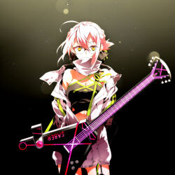 Rule 34 | 1girl, ahoge, artoria pendragon (fate), black background, black shirt, border, breasts, cleavage, fate (series), garter straps, guitar, holding, holding guitar, holding instrument, instrument, jacket, kotobuki toro, looking at viewer, midriff, mysterious heroine x alter (fate), scarf, scarf over mouth, shirt, solo, white border, white jacket, yellow eyes