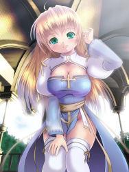 Rule 34 | 1girl, ahoge, arch bishop (ragnarok online), blonde hair, blue dress, blush, breasts, cleavage, closed mouth, commentary request, cross, day, dress, feet out of frame, green eyes, hand in own hair, hand on own thigh, highres, jacket, juliet sleeves, lace, lace-trimmed legwear, lace trim, large breasts, leaning forward, long hair, long sleeves, looking at viewer, mahiro aki, no panties, outdoors, puffy sleeves, ragnarok masters, ragnarok online, sash, shrug (clothing), smile, solo, thighhighs, tree, white jacket, white thighhighs, yellow sash