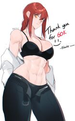 Rule 34 | 1girl, abs, breasts, chainsaw man, cleavage, english text, highres, large breasts, long bangs, looking at viewer, makima (chainsaw man), nsfwolf, orange eyes, ponytail, red hair, shirt, signature, simple background, solo, toned, undressing, white background, white shirt