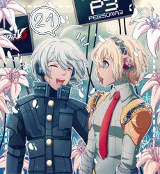Rule 34 | 1boy, 1girl, :d, ahoge, android, armor, blonde hair, blue eyes, blue hairband, cheer (cheerpuppy14), closed eyes, collared shirt, commentary, copyright request, danganronpa (series), danganronpa v3: killing harmony, english commentary, flower, gradient background, grey hair, grey shirt, hair between eyes, hairband, highres, k1-b0, long sleeves, looking at another, necktie, open mouth, power armor, red neckwear, shirt, shoulder armor, smile, speech bubble, spoken number, teeth, trait connection, upper body, upper teeth only, white flower
