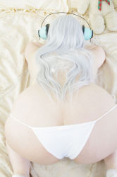 Rule 34 | 1girl, asian, ass, bikini, blue eyes, breasts, cleavage, cosplay, fat, glasses, headphones, highres, huge ass, keito (cosplayer), long hair, photo (medium), silver hair, solo, super taruco, super taruco (cosplay), swimsuit