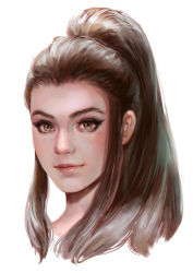 Rule 34 | 1girl, absurdres, brigitte (overwatch), brown eyes, brown hair, eyebrows, eyelashes, freckles, high ponytail, highres, jess (jess4400), lips, long hair, looking at viewer, nose, overwatch, overwatch 1, ponytail, portrait, realistic, sidelocks, solo, white background