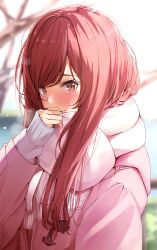 Rule 34 | 1girl, blurry, blurry background, blush, bokeh, breath, coat, depth of field, duffel coat, enpera, full-face blush, hand to own mouth, highres, idolmaster, idolmaster shiny colors, looking at viewer, nira (vira), osaki amana, outdoors, pink coat, pink scarf, red eyes, red hair, scarf, sleeves past wrists, solo, sweater, swept bangs, upper body