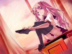 Rule 34 | 10s, 1girl, ano natsu de matteru, brown hair, clothes pull, feet, hair ornament, hair ribbon, leg up, long hair, mokkeso (mopurosu), naughty face, panties, pantyhose, pantyhose pull, ribbon, school uniform, serafuku, sitting, skirt, smile, smirk, solo, toes, twintails, underwear, undressing, yamano remon