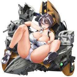 Rule 34 | 1girl, armpits, ass, breasts, broken, broken weapon, brown hair, cannon, defeat, dress, galatea (last origin), hand on own thigh, highres, huge breasts, kuuro kuro, large breasts, last origin, looking at viewer, military, military uniform, multicolored hair, naval uniform, official art, open mouth, panties, short dress, short hair, solo, streaked hair, thick thighs, thighs, torn clothes, torn dress, transparent background, turret, two-tone hair, underwear, uniform, weapon, white panties, yellow eyes
