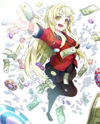 Rule 34 | 1girl, :d, absurdres, bang dream!, banknote, black pantyhose, blazer, blonde hair, bloom, breasts, collared shirt, commentary, commission, cosplay, crossover, dollar bill, from above, full body, highres, hyakkaou academy school uniform, jacket, kakegurui, loafers, long hair, long sleeves, looking at viewer, m.tokotsu, miniskirt, money, money rain, open mouth, outstretched arms, pantyhose, pixiv commission, pleated skirt, poker chip, red jacket, school uniform, shirt, shoes, sidelocks, skirt, sleeve cuffs, small breasts, smile, solo, standing, teeth, tsurumaki kokoro, upper teeth only, white background, white shirt, wing collar, yellow eyes