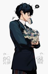 Rule 34 | 1boy, amamiya ren, beamed eighth notes, black-framed eyewear, black hair, black jacket, btmr game, food, glasses, highres, holding, holding food, jacket, looking to the side, male focus, morgana (persona 5), mouth hold, musical note, pants, persona, persona 5, plaid, plaid pants, plastic wrap, school uniform, shuujin academy school uniform, solo
