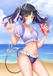 Rule 34 | 1girl, absurdres, alternate costume, beach, bikini, bikini bottom only, black hair, blue sky, blurry, blurry background, blush, breasts, can, cloud, cola, commentary request, cowboy shot, crop top, day, demon girl, demon horns, demon tail, earrings, frilled bikini, frilled shirt, frills, grin, highres, holding, holding can, horizon, horns, jewelry, kojo anna, long hair, looking at viewer, medium bangs, midriff, multicolored hair, nanashi inc., navel, necklace, ocean, outdoors, parted bangs, pointy ears, polka dot, polka dot shirt, puffy short sleeves, puffy sleeves, purple hair, purple shirt, robou no stone, shirt, short sleeves, sky, small breasts, smile, solo, swimsuit, tail, twintails, two-tone hair, virtual youtuber, w, water, yellow eyes