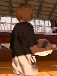 Rule 34 | 1boy, ball, bird, black shirt, blonde hair, brown hair, chinese commentary, commentary request, cowboy shot, crow, flock, from behind, gradient hair, gym, haikyuu!!, highres, holding, holding ball, indoors, kozume kenma, looking afar, lucia (2023wjdh1123), male focus, multicolored hair, shirt, short hair, shorts, solo, standing, sunset, t-shirt, volleyball, white shorts, window, wooden floor