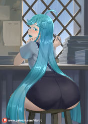 Rule 34 | 1girl, 2021, ahoge, alexandrite (houseki no kuni), aqua hair, aqua tongue, ass, blush, collared shirt, colored eyebrows, colored eyelashes, dated, desk, feet out of frame, from behind, gem uniform (houseki no kuni), hand on own face, hertro, highres, houseki no kuni, huge ass, indoors, lattice, long hair, looking at viewer, looking back, open mouth, paper, paper stack, pencil, pussy, rain, shirt, short sleeves, shorts, sitting, solo, stool, suspender shorts, suspenders, uniform, very long hair, watermark, window