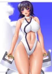 Rule 34 | 1girl, black hair, blue eyes, blush, breasts, cloud, curvy, day, dual wielding, hip focus, holding, iroha (samurai spirits), large breasts, navel, one-piece swimsuit, outdoors, purple eyes, samurai spirits, short hair, sky, smile, solo, swimsuit, thighs, weapon, white one-piece swimsuit, wide hips