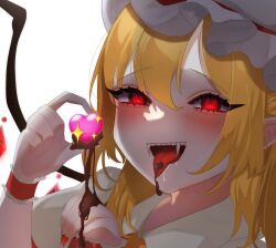 Rule 34 | 1girl, :d, blonde hair, blush, chocolate, crystal, fangs, flandre scarlet, glowing, glowing eyes, hair between eyes, hat, highres, looking at viewer, medium hair, mob cap, nail polish, open mouth, pointy ears, red eyes, red nails, saliva, simple background, smile, solo, tongue, tongue out, touhou, upper body, user uztw4784, vampire, white background, wings