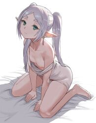 Rule 34 | 1girl, arm support, bare legs, barefoot, bed sheet, breasts, collarbone, drop earrings, earrings, elf, feet, frieren, green eyes, grey hair, highres, jewelry, legs, looking at viewer, nipples, parted bangs, petite, pointy ears, sitting, sleepwear, small breasts, solo, sousou no frieren, strap slip, toes, twintails, wariza, zefrableu
