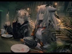 Rule 34 | 2girls, absurdres, animal ears, arknights, cafe, commentary request, cup, drinking, eating, feathers, fingerless gloves, fork, gloves, highres, horns, jacket, lappland (arknights), multiple girls, plate, ptilopsis (arknights), scar, scar across eye, scar on face, ukai saki, white hair, wolf ears, yellow eyes