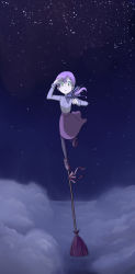Rule 34 | 1girl, broom, cloud, female focus, flying, green eyes, hair ribbon, hand over eye, highres, inui (jt1116), night, night sky, on top of pole, open mouth, original, outdoors, ponytail, ribbon, skirt, sky, solo, standing, standing on one leg, star (sky), starry sky, witch